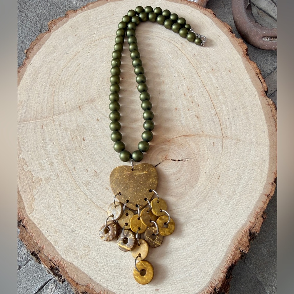 Elegant Handmade Green Faux Pearl Beaded Necklace with Gold Yellow Heart Pendant